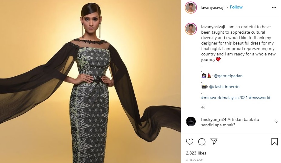 Miss Worl Malaysia 2021 Lavanya Sivaji dihujat karena menyebut batik dari Malaysia. Sumber: Instagram @lavanyasivaji
