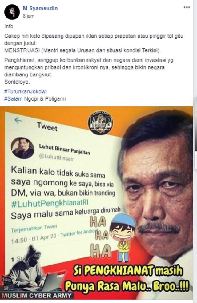 [Cek Fakta] Tagar #LuhutPengkhianatRI <i>Trending</i> di Twitter, Luhut Malu sama Keluarga di Rumah? Ini Faktanya