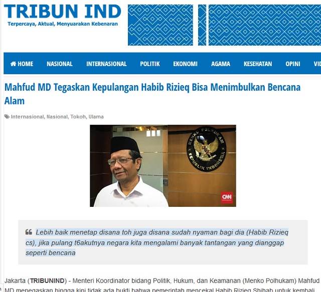Mahfud MD Sebut Kepulangan Rizieq Shihab Bisa Mendatangkan Bencana? Ini Faktanya