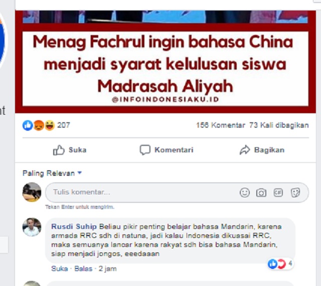 Menag Fachrul Ingin Bahasa China Menjadi Syarat Kelulusan Siswa Madrasah