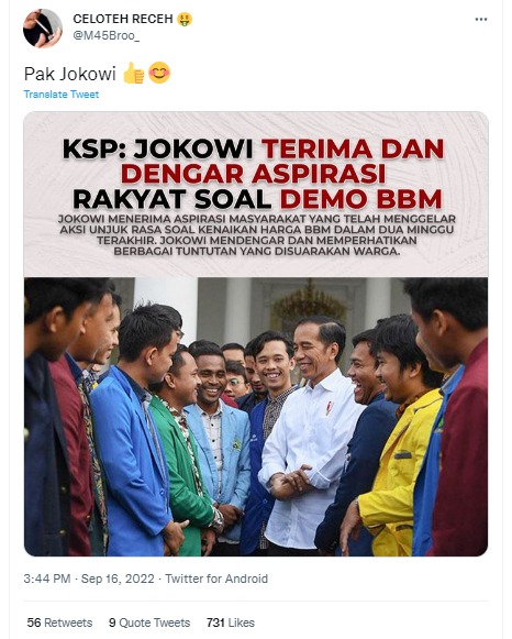 [Cek Fakta] Foto Jokowi Terima Langsung Sejumlah Mahasiswa Dengarkan Aspirasi Rakyat soal Demo BBM? Ini Faktanya