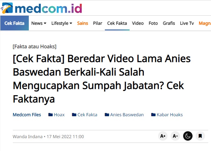 [Cek Fakta] Video Anies Baswedan tak Becus saat Ucap Sumpah Jabatan? Ini Faktanya