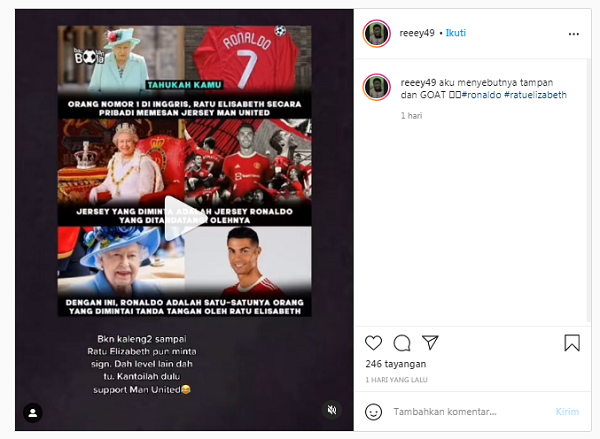 [Cek Fakta] Ratu Elizabeth II Beli Jersey MU Bertanda Tangan Cristiano Ronaldo? Ini Faktanya