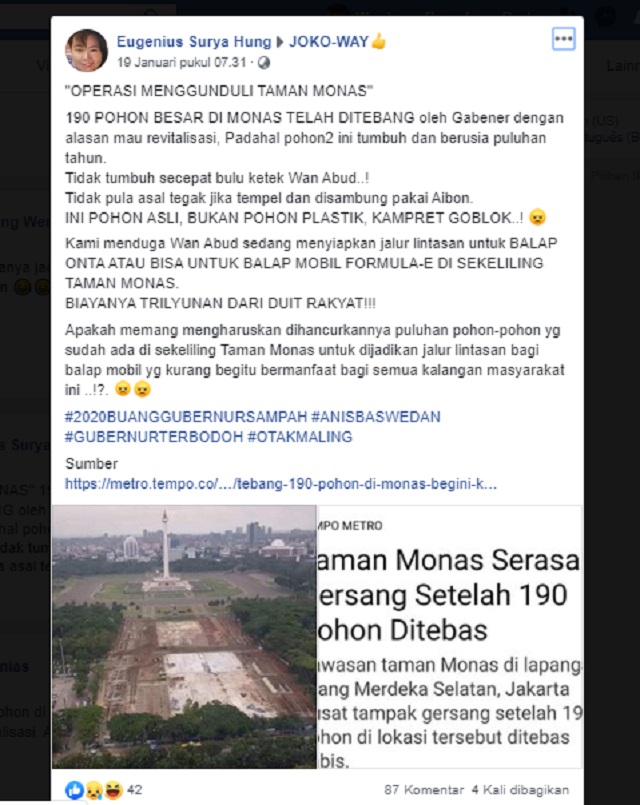 [Cek Fakta] Anies Perintahkan Tebang 190 Pohon di Monas untuk Bangun Lintasan Formula E? Ini Faktanya