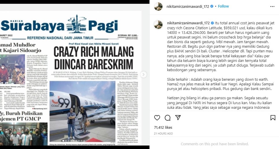 Nikita Mirzani soroti crazy rich Malang. Instagram nikitamirzanimawardi_172