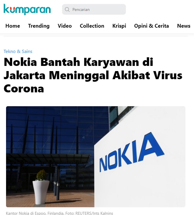 [Cek Fakta] Karyawan Meninggal karena Korona, Nokia Sterilisasi Kantornya di Menara Mulia? Ini Faktanya