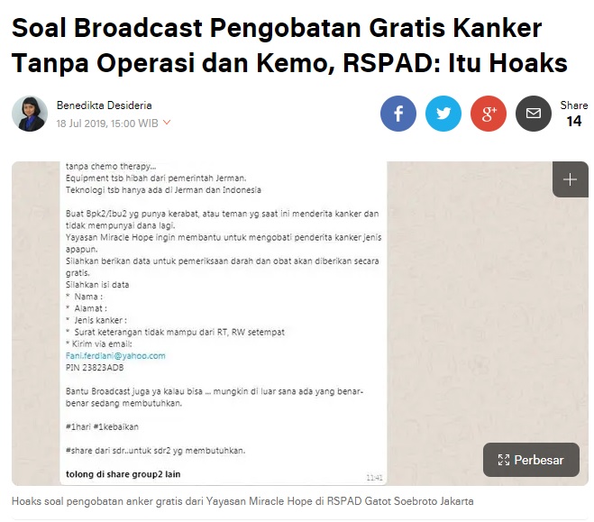 [Cek Fakta] Pengobatan Kanker Gratis di RSPAD dari Yayasan Miracle Hope? Ini Faktanya