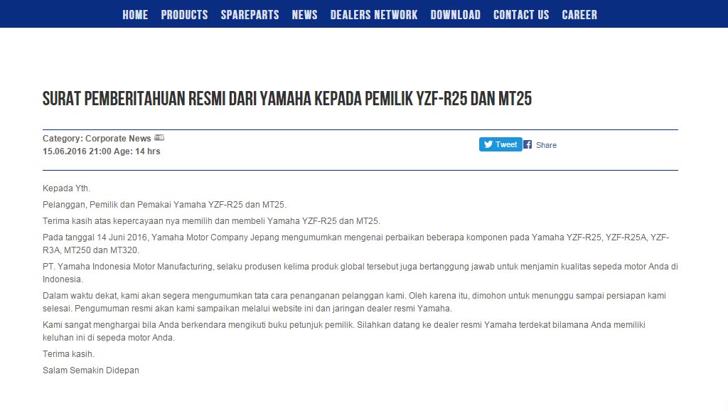 R25 & MT-25 Di-<i>recall</i>, Ini Persiapan Yamaha