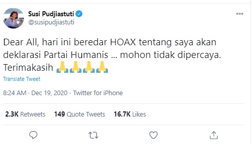 [Cek Fakta] Susi Pudjiastuti Mendirikan Partai Humanis Indonesia? Ini Faktanya