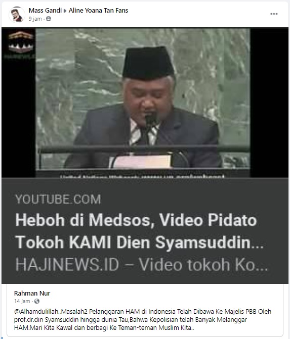 [Cek Fakta] Din Syamsuddin Sampaikan Pidato Pelanggaran HAM Indonesia di PBB? Ini Faktanya