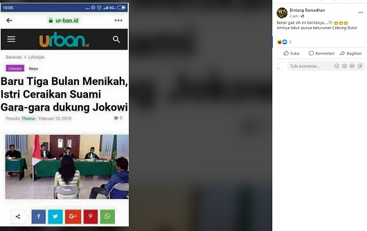 [Cek Fakta] 3 Bulan Menikah Istri Ceraikan Suami Gara-gara Dukung Jokowi? Ini Faktanya