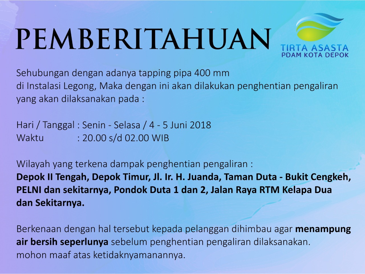 Air Pdam Depok Mati Malam Ini