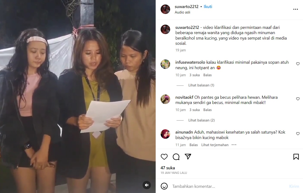 Viral Video Tiga Wanita di Padang Cekoki Miras ke Kucing, Pelaku Minta Maaf