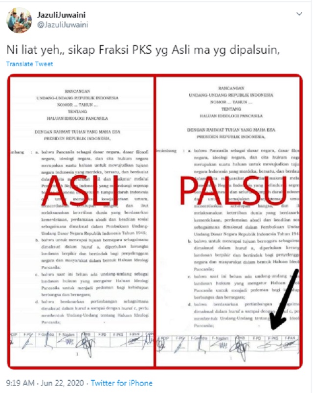 [Cek Fakta] Beredar Dokumen Fraksi PKS Dukung RUU HIP? Ini Faktanya
