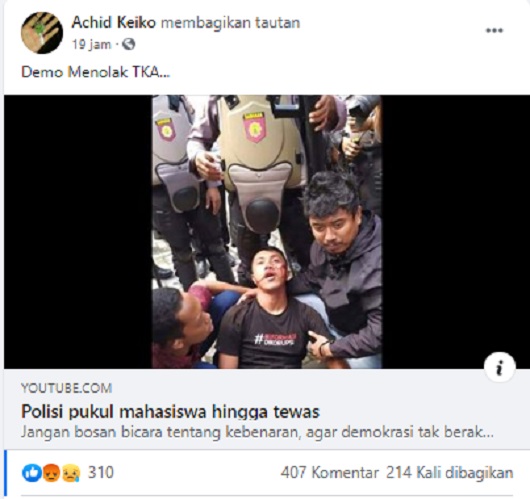 [Cek Fakta] Polisi Pukul Mahasiswa yang Demo Menolak TKA Hingga Tewas? Cek Faktanya