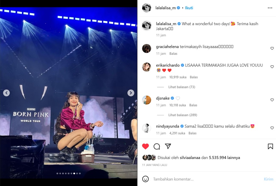 Lisa BLACKPINK Bagikan Momen Konser di Jakarta, Netizen: Terima Kasih Neng Lilis