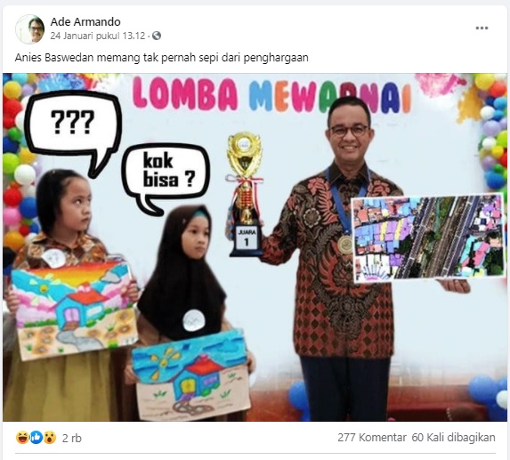 [Cek Fakta] Foto Anies Raih Piala Lomba Mewarnai? Ini Faktanya