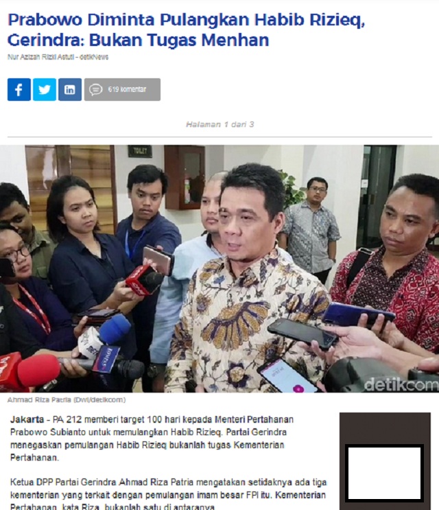 Prabowo Sudah Mengirim Utusan untuk Kepulangan Rizieq Shihab? Ini Faktanya