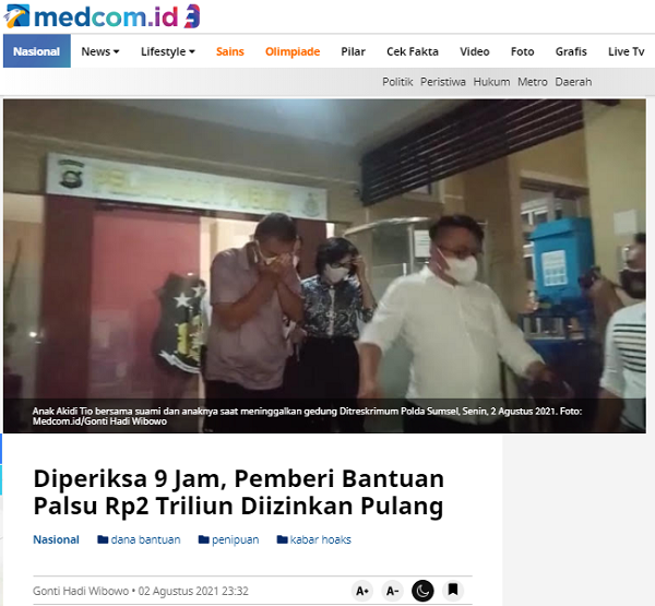 [Cek Fakta] Benarkah Sumbangan Covid-19 Rp2 Triliun dari Keluarga Mendiang Akidi Tio Prank atau Hoaks? Ini Faktanya