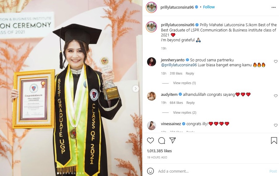 Prilly Latuconsina jadi Lulusan Terbaik dari Terbaik di LSPR tahun 2021.