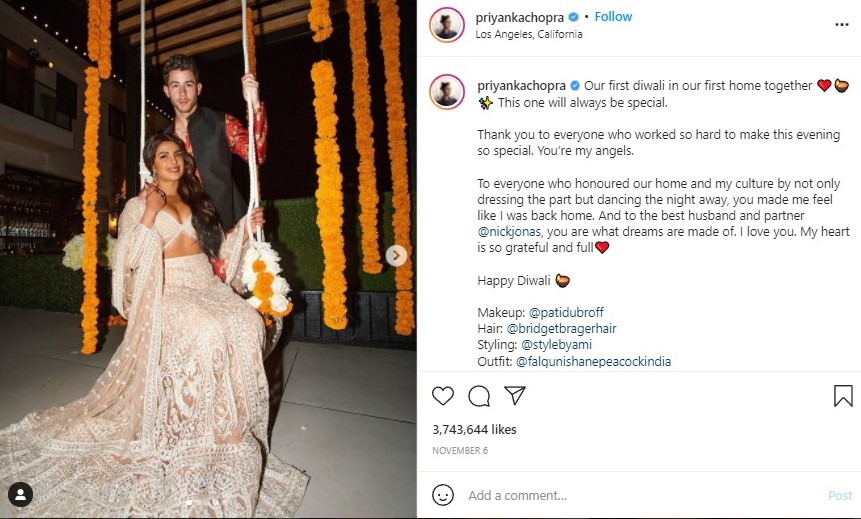 Priyanka Chopra dan Nick Jonas merayakan Diwali pertama. Instagram @priyankachopra