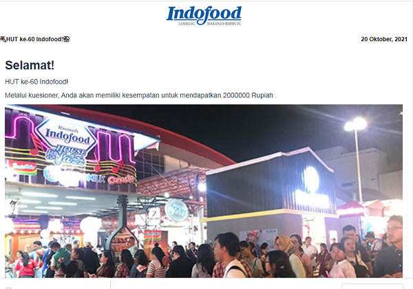 [Cek Fakta] Link Survei Berhadiah Rp2 Juta HUT ke-60 Indofood? Ini Faktanya
