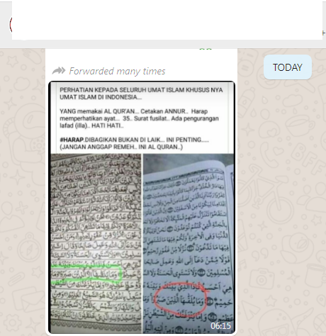[Cek Fakta] Beredar Foto Alquran Cetakan Annur dengan Pengurangan Satu Kata di Surat Fushshilat Ayat 35? Ini Faktanya