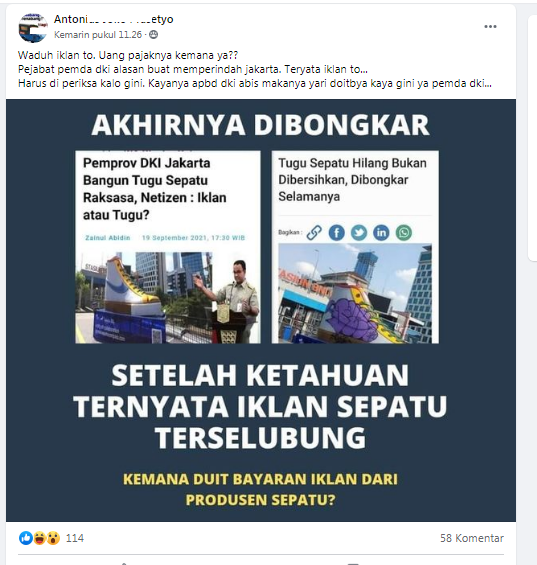 Cek Fakta Apbd Habis Pemprov Dki Cari Duit Lewat Iklan Tugu Sepatu Ini Faktanya