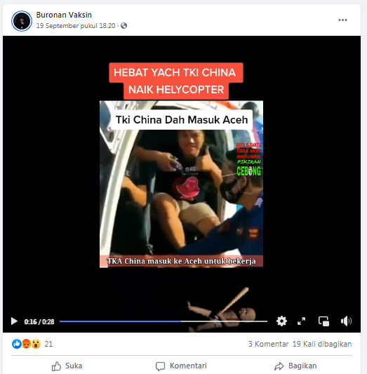[Cek Fakta] Video TKA Tiongkok Masuk Aceh Naik Helikopter Polri? Ini Faktanya