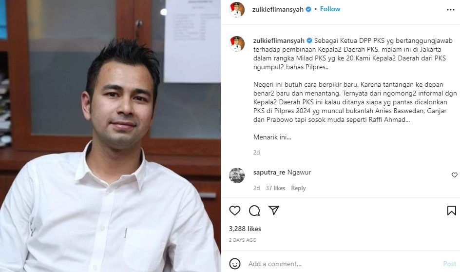 Raffi Ahmad disebut menarik oleh politikus PKS. Instagram zulkieflimansyah