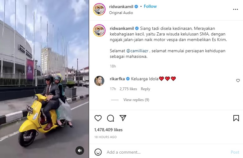 Lulus dari SMAN 3 Bandung, Zara Diajak Ridwan Kamil Naik Vespa: Penuh Senyum