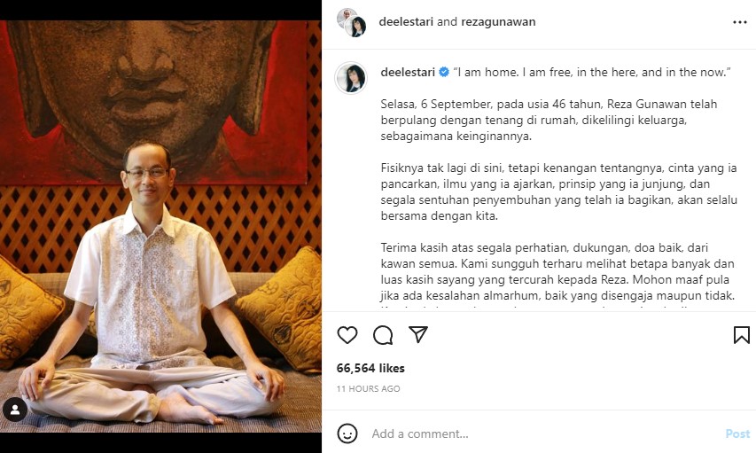 Dewi Lestari: Reza Gunawan Berpulang di Rumah, Sesuai Keinginannya