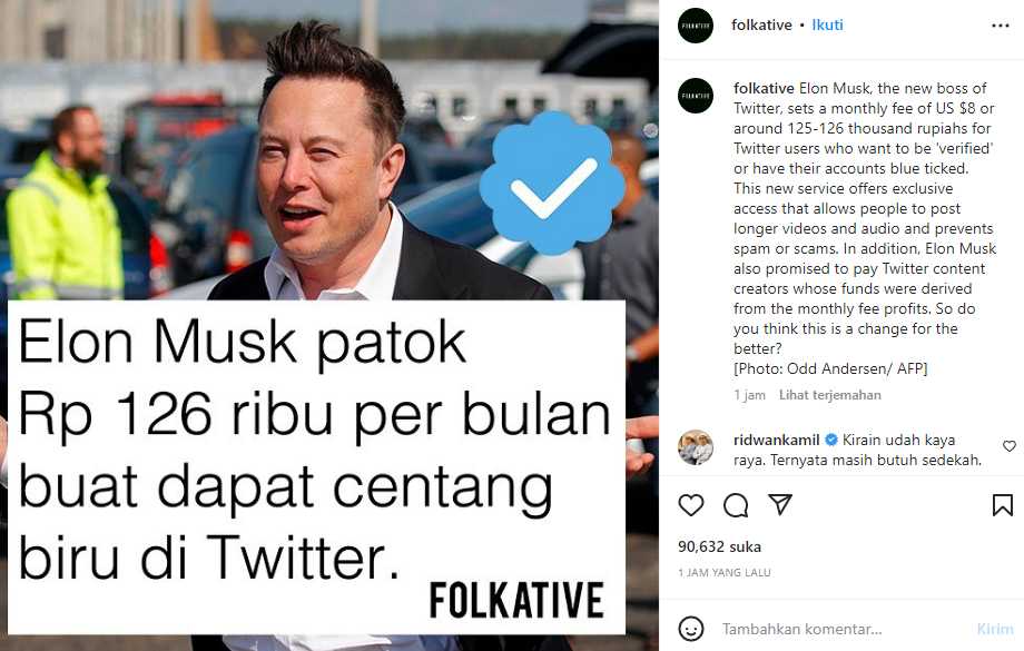 Elon Musk Tetapkan Tarif Bulanan Centang Biru Twitter, Ridwan Kamil: Butuh Sedekah