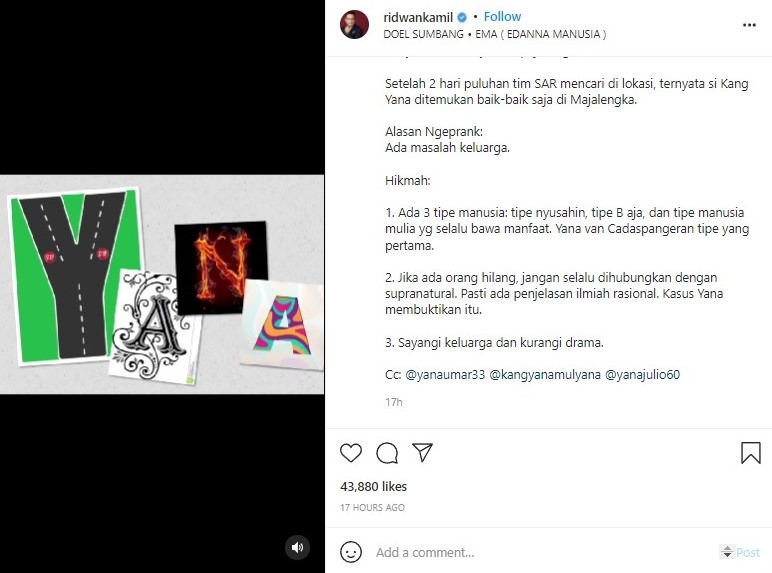 Ridwan Kamil mengomentari kasus Yana Supriyatna yang diduga hilang di Cadas Pangeran. Instagram @ridwankamil