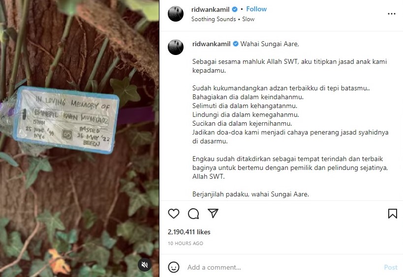 Puisi perpisahan Ridwan Kamil untuk Eril. Instagram ridwankamil