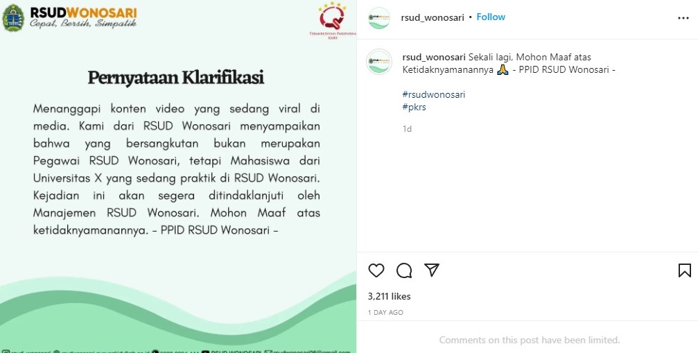 Klarifikasi RSUD Wonosari soal video nakes pasang kateter pasien. Instagram rsud_wonosari