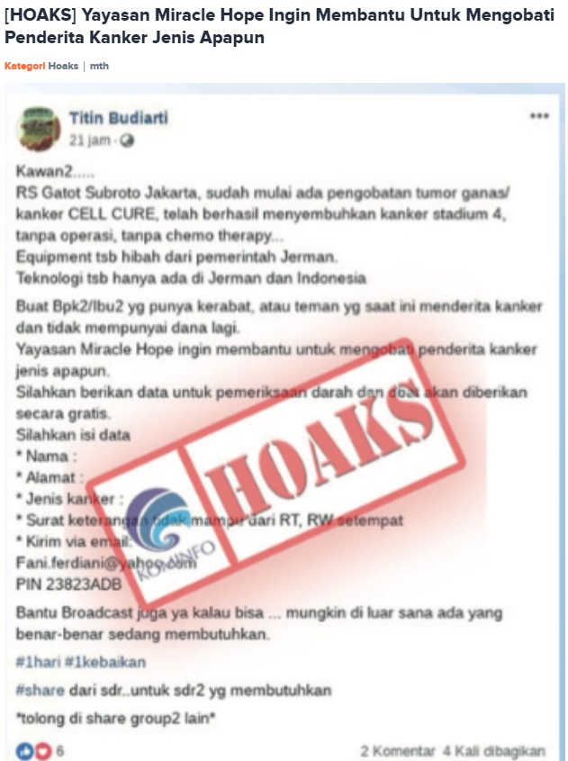 [Cek Fakta] Pengobatan Kanker Gratis di RSPAD dari Yayasan Miracle Hope? Ini Faktanya