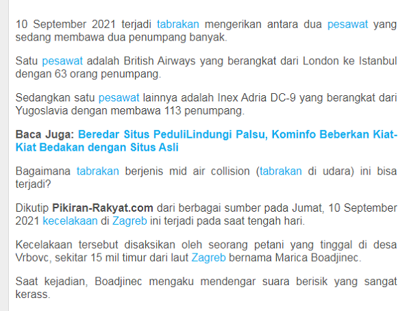 [Cek Fakta] Dua Pesawat Tabrakan 10 September 2021, 176 Orang Tewas? Ini Faktanya