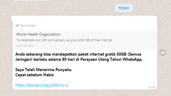 [Cek Fakta] Link WhatsApp Bagikan Kuota Internet 50 GB? Ini Faktanya