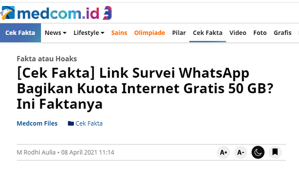 [Cek Fakta] Link WhatsApp Bagikan Kuota Internet 50 GB? Ini Faktanya
