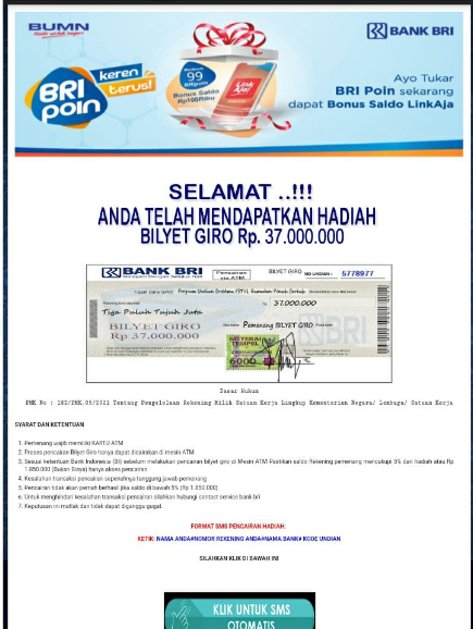 [Cek Fakta] Undian BRI Berhadiah Bilyet Giro Rp37 Juta? Ini Faktanya