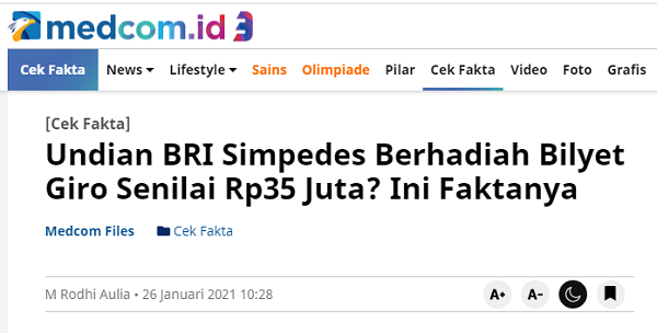 [Cek Fakta] Undian BRI Berhadiah Bilyet Giro Rp37 Juta? Ini Faktanya