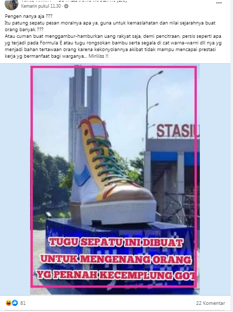 [Cek Fakta] Tugu Sepatu Dibuat untuk Orang yang Pernah Kecemplung Got? Ini Faktanya