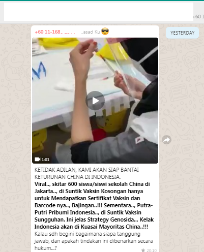 [Cek Fakta] Benarkah Ini Video Vaksinasi dengan Suntik Kosong di Sekolah Tiongkok Jakarta? Simak Faktanya