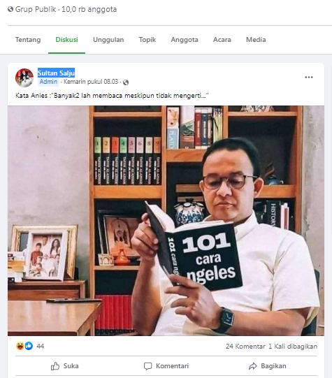 [Cek Fakta] Foto Anies Baca Buku '101 Cara Ngeles'? Ini Faktanya