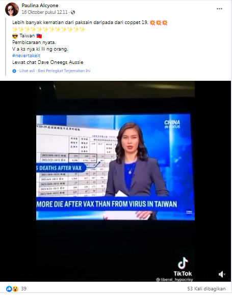 [Cek Fakta] Kasus Kematian di Taiwan lebih banyak karena Vaksinasi ketimbang Covid-19? Ini Faktanya