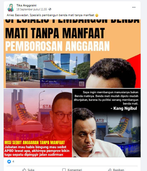 [Cek Fakta] Benarkah Anies Baswedan Sedot APBD DKI Jakarta Bikin Tugu Sepatu? Ini Faktanya