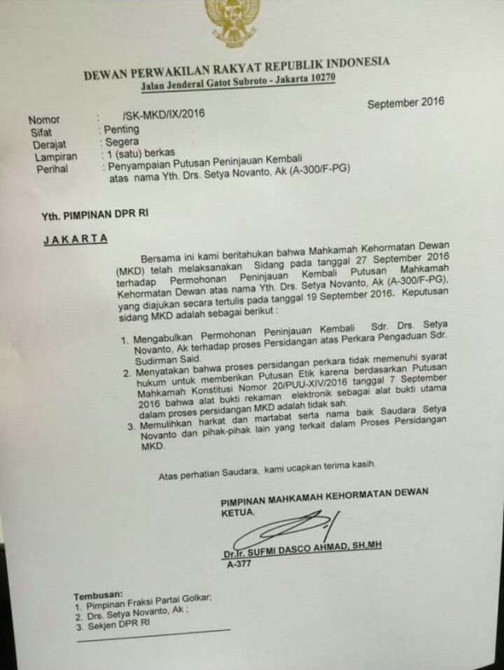 MKD Pulihkan Nama Baik Setya Novanto