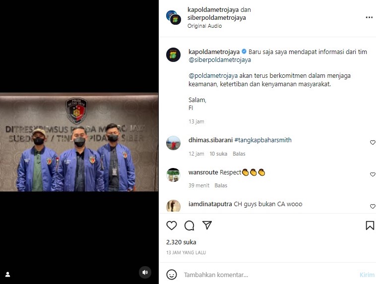 Siber Polda Metro Jaya mengumumkan artis CA tertangkap kasus prostitusi. Instagram @siberpoldametrojaya