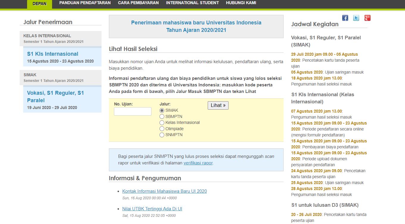 Cara Cek Pengumuman SIMAK UI 2020 Program S1